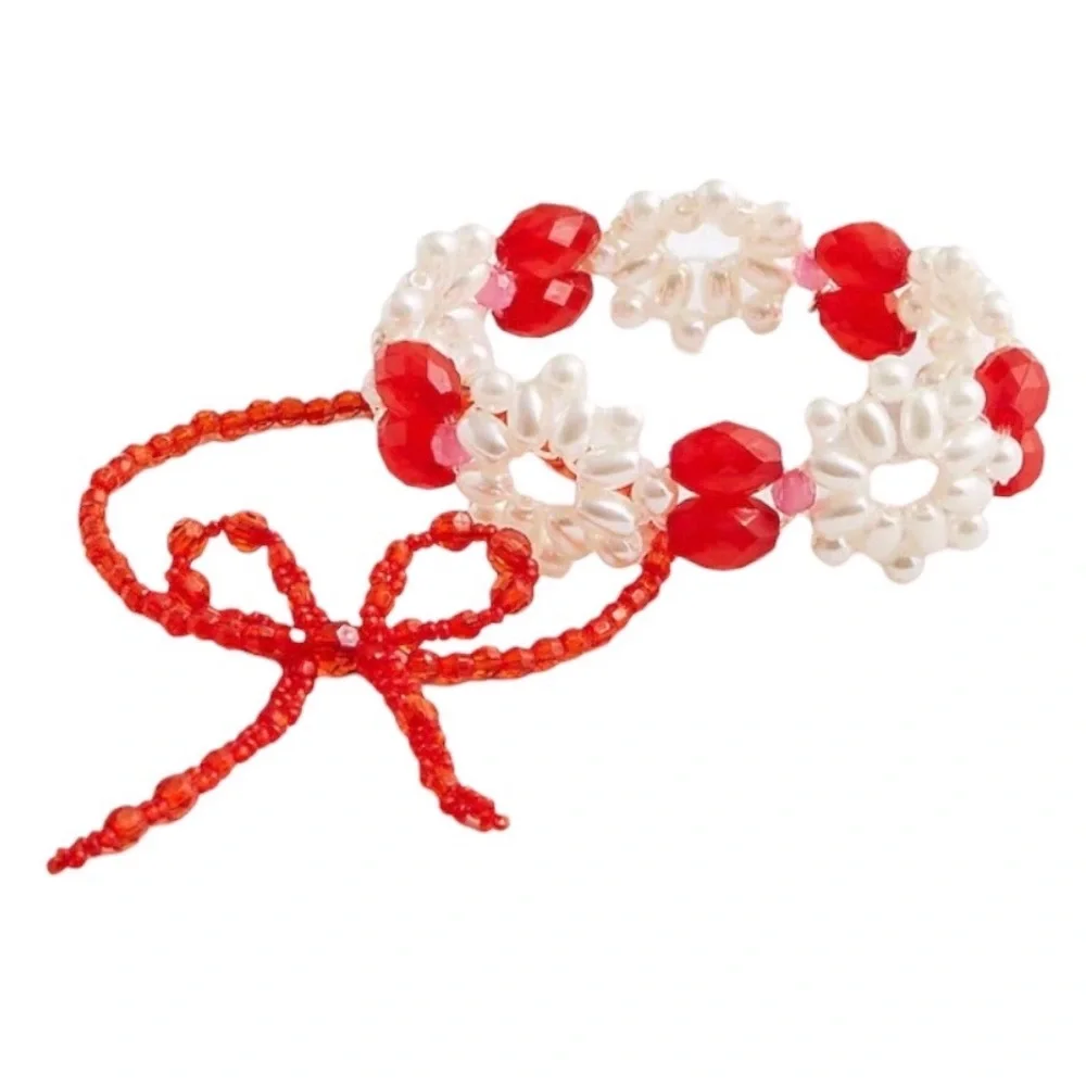 NWT Crewcuts Beaded Bracelet Set, Holiday Christmas Bow Red White J. Crew Girls